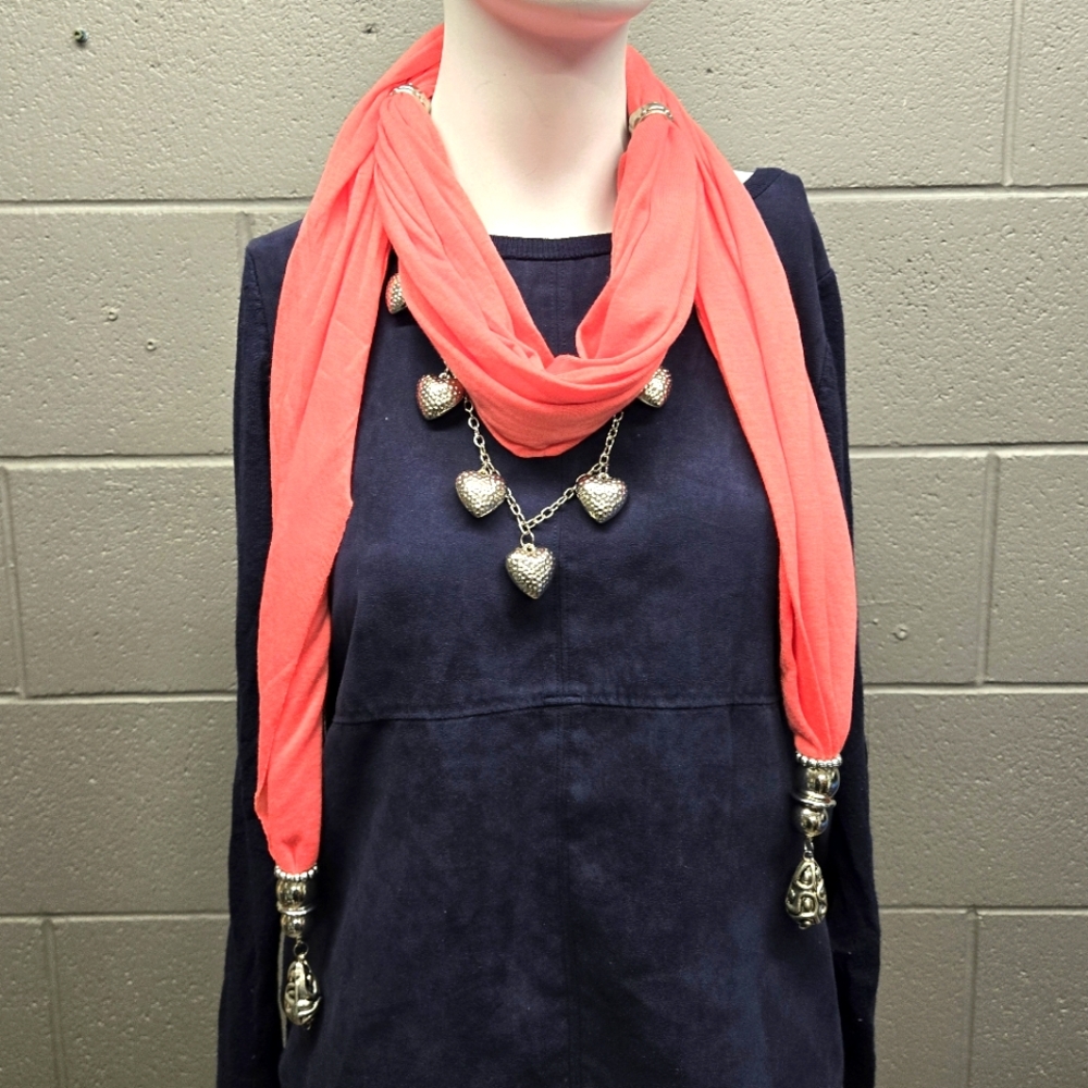 Coral Scarf with beaded heart jewellery embellishments